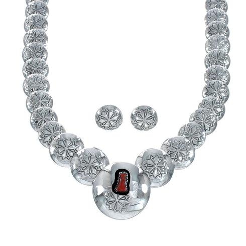 Navajo Reversible Sterling Silver and Coral Necklace Earrings Set SN20292